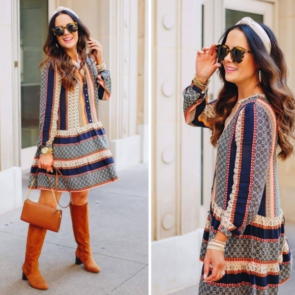 LOFT Dresses & Skirts - LOFT Navy and Orange Patterned Long Sleeve Dress. Good Condition Size Small